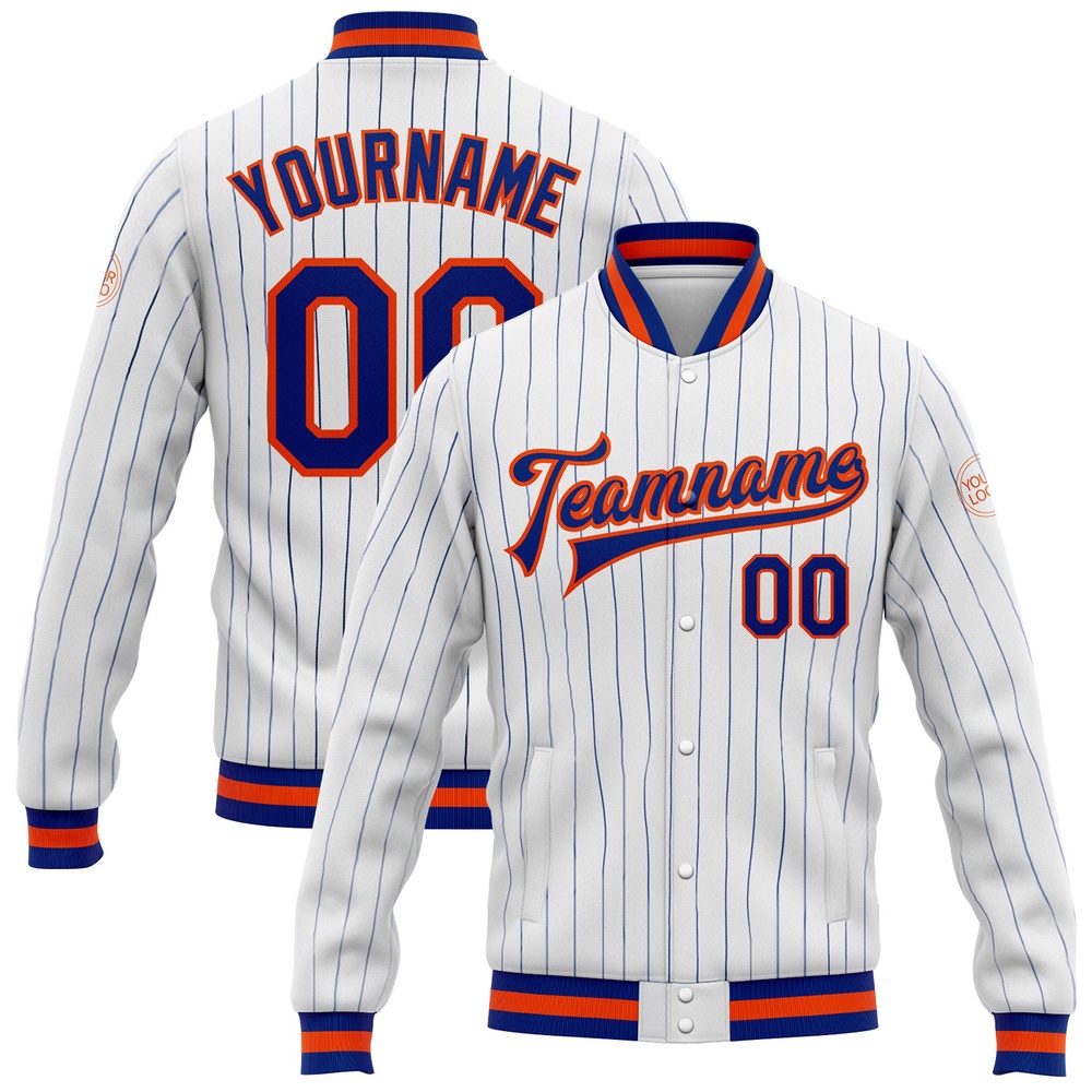 Custom White Royal Pinstripe Royal Orange Bomber Full Snap Baseball Jacket, Custom Team Jacket