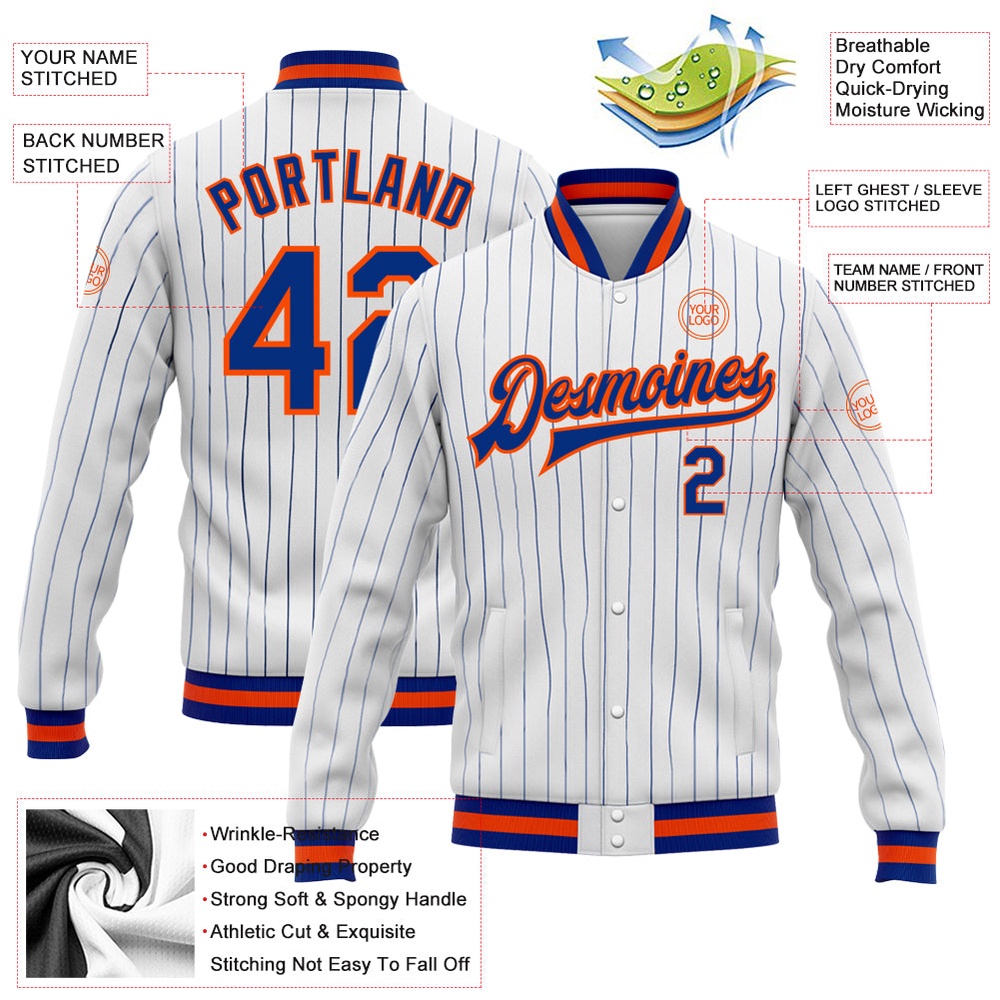 Custom White Royal Pinstripe Royal Orange Bomber Full Snap Baseball Jacket, Custom Team Jacket