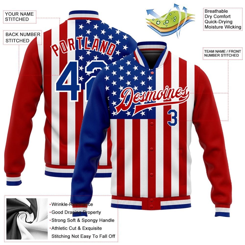 Custom White Royal Red American Flag Fashion 3D Bomber Full Snap Baseball Jacket, Custom Team Jacket