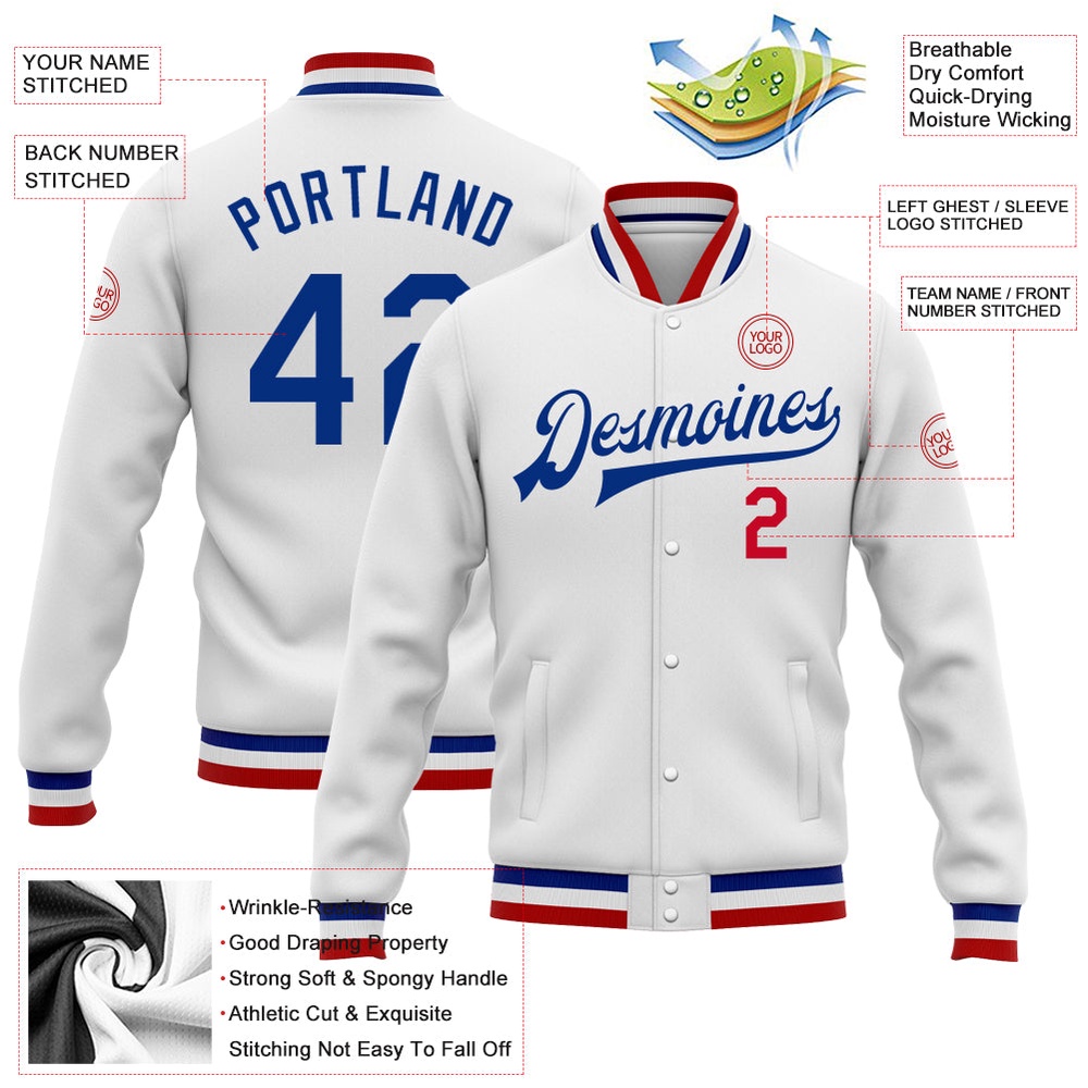 Custom White Royal Red Bomber Full Snap Baseball Jacket, Custom Team Jacket