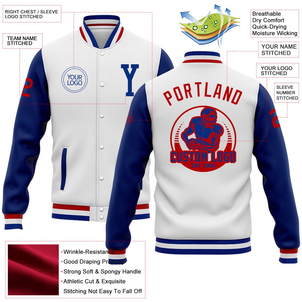 Custom White Royal Red Bomber Full Snap Varsity Baseball Jacket, Custom Team Jacket