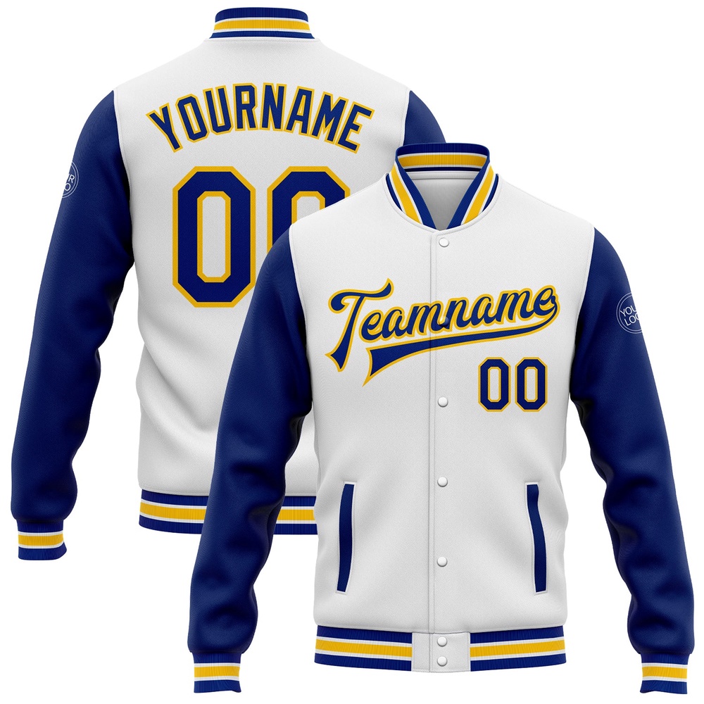 Custom White Royal Yellow Bomber Full Snap Varsity Baseball Jacket, Custom Team Jacket