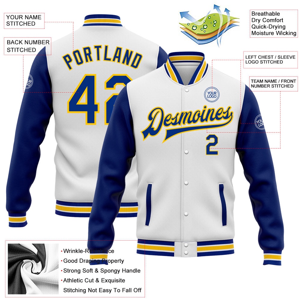 Custom White Royal Yellow Bomber Full Snap Varsity Baseball Jacket, Custom Team Jacket