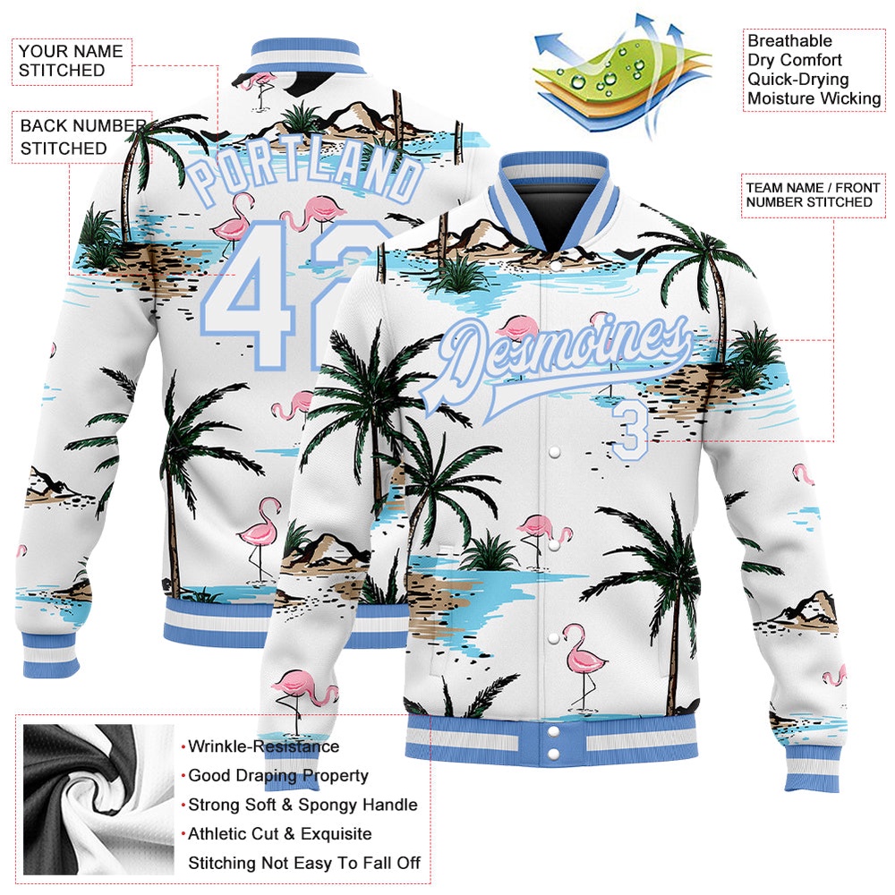 Custom White White Light Blue Hawaii Palm Trees And Flamingo 3D Bomber Full Snap Baseball Jacket, Custom Team Jacket