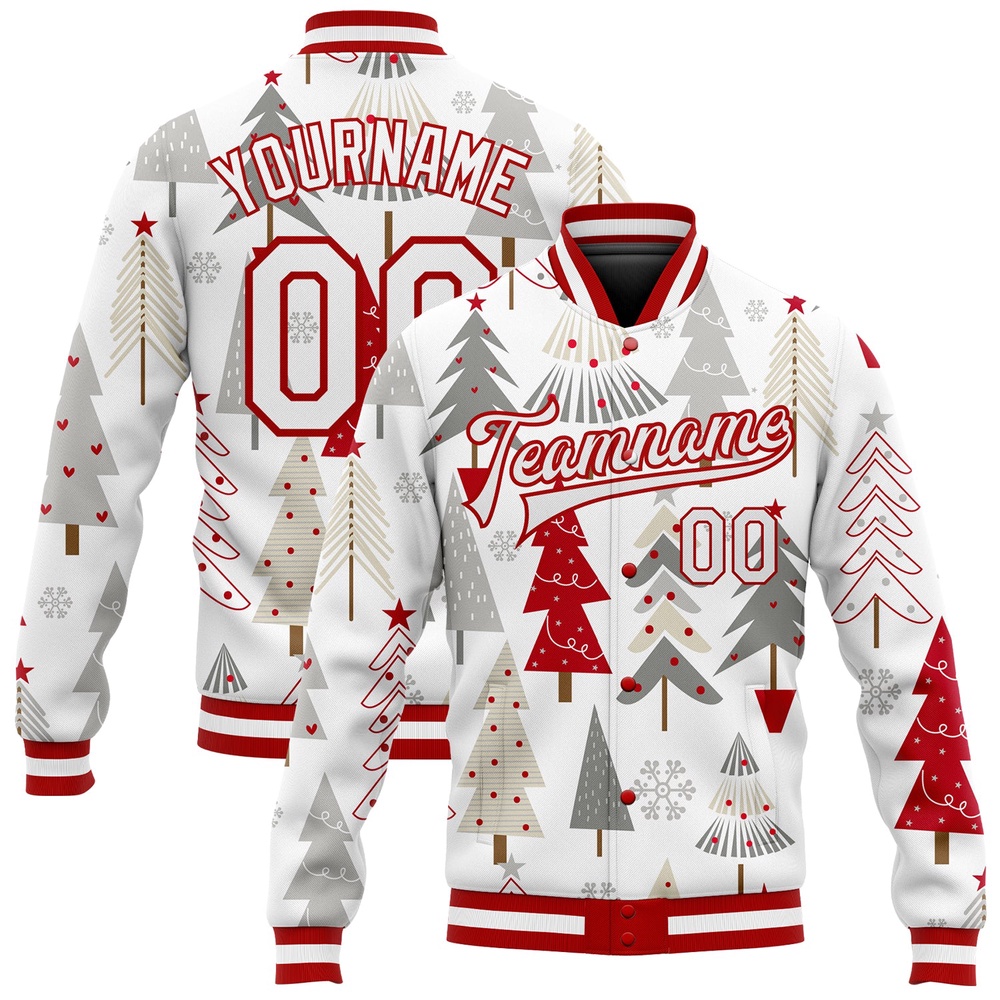 Custom White White Red Gray Christmas 3D Bomber Full Snap Baseball Jacket, Custom Team Jacket