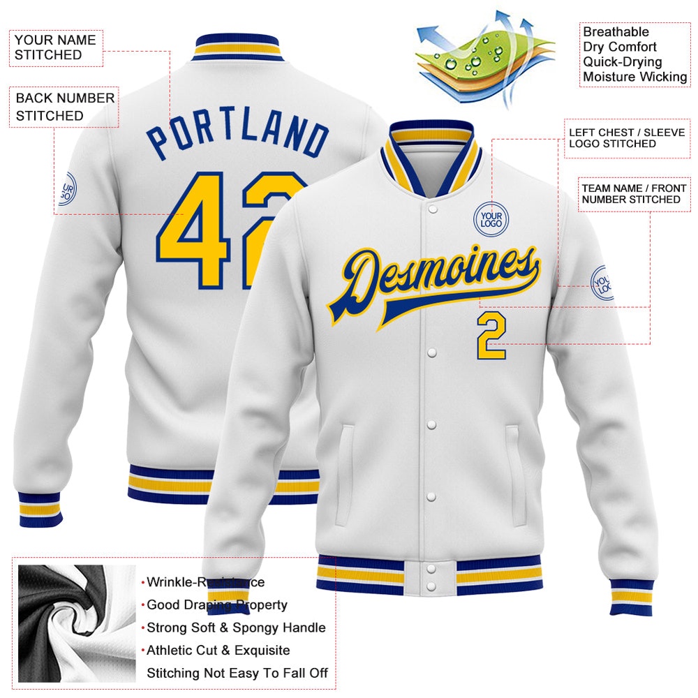 Custom White Yellow Royal Bomber Full Snap Baseball Jacket, Custom Team Jacket