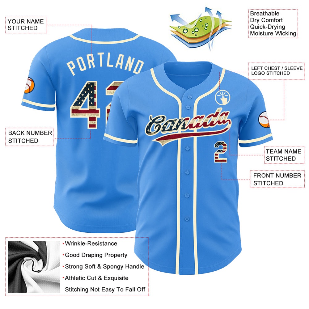 Electric Blue Vintage USA Flag-Cream Authentic Baseball Jersey, Custom Baseball Jersey, Personalized Sport Jersey