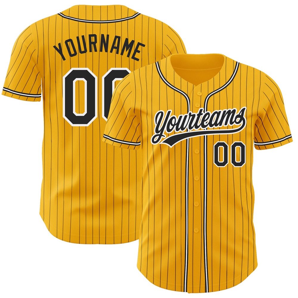 Gold Black Pinstripe Black-White Authentic Baseball Jersey, Custom Baseball Jersey, Personalized Sport Jersey