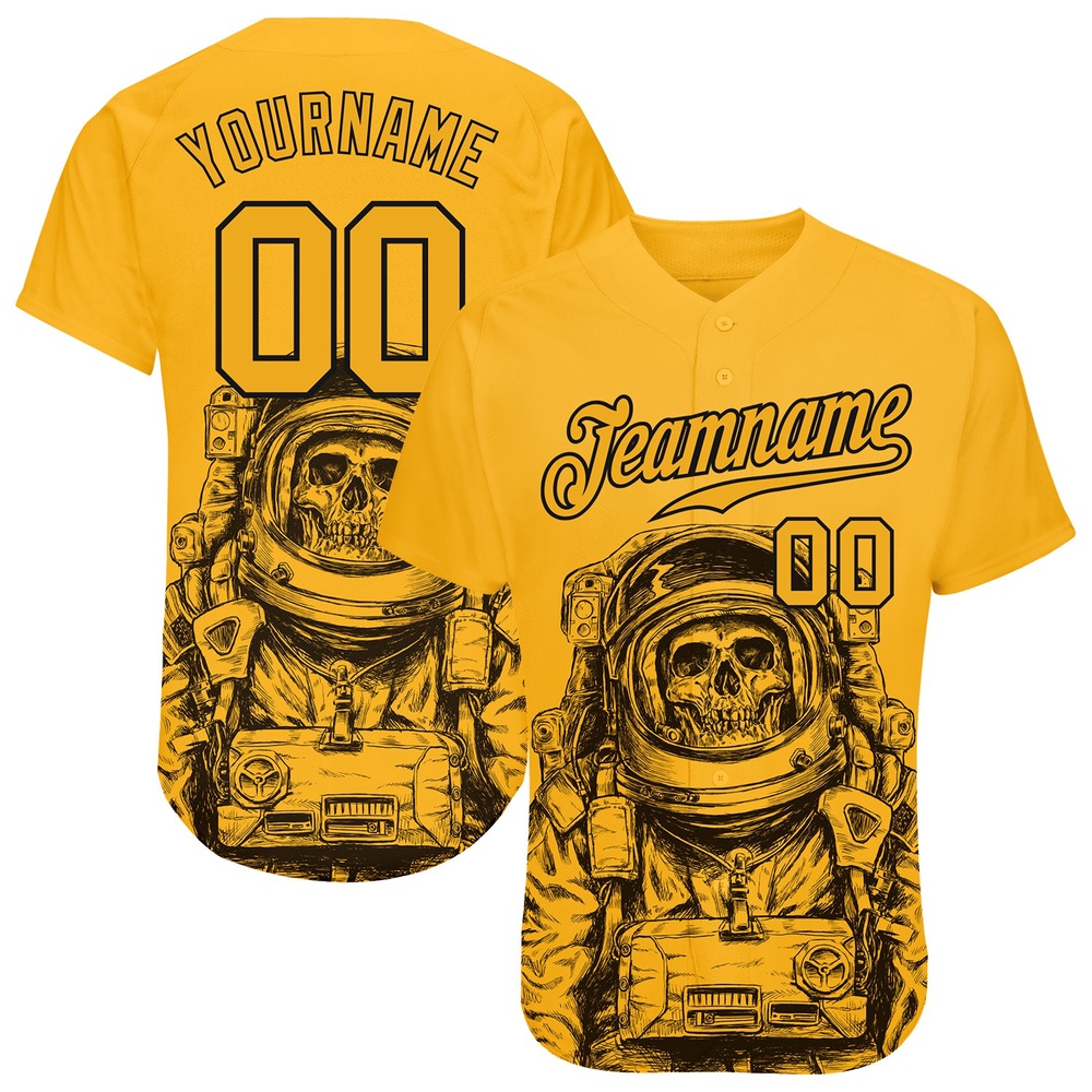Gold Gold-Black 3D Pattern Design Astronaut Authentic Baseball Jersey, Custom Baseball Jersey, Personalized Sport Jersey