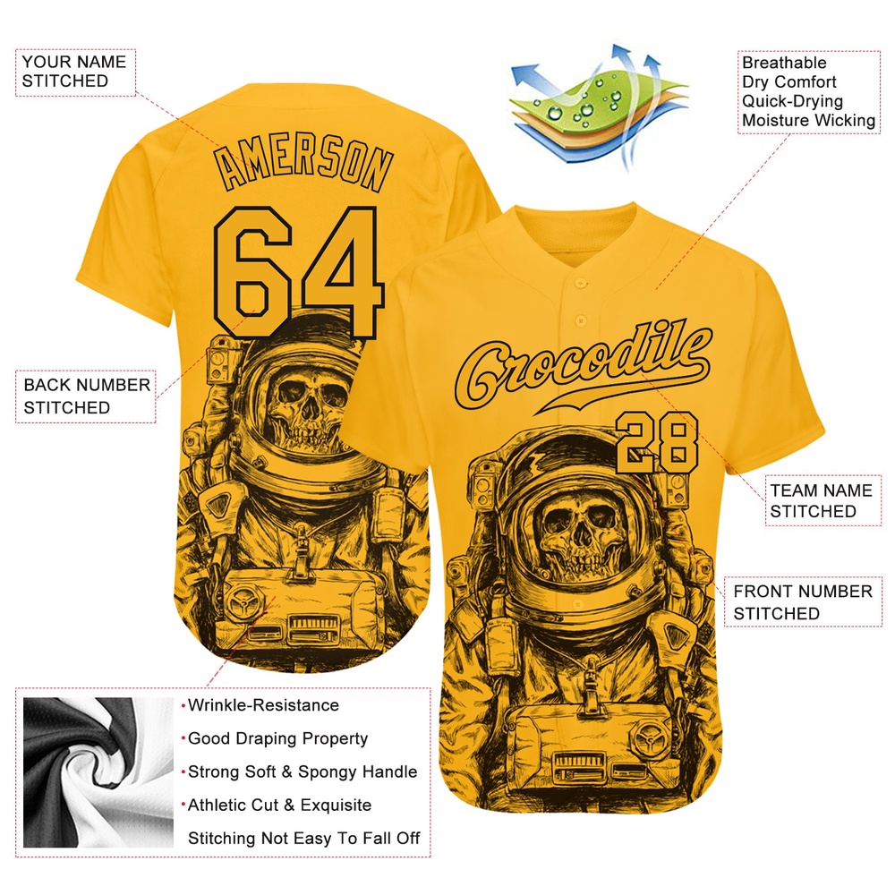 Gold Gold-Black 3D Pattern Design Astronaut Authentic Baseball Jersey, Custom Baseball Jersey, Personalized Sport Jersey