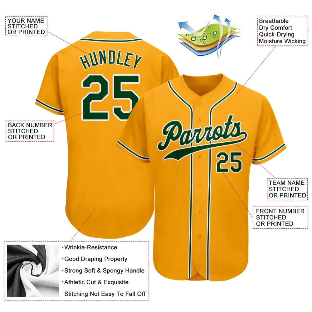 Gold Green-White Authentic Baseball Jersey, Custom Baseball Jersey, Personalized Sport Jersey