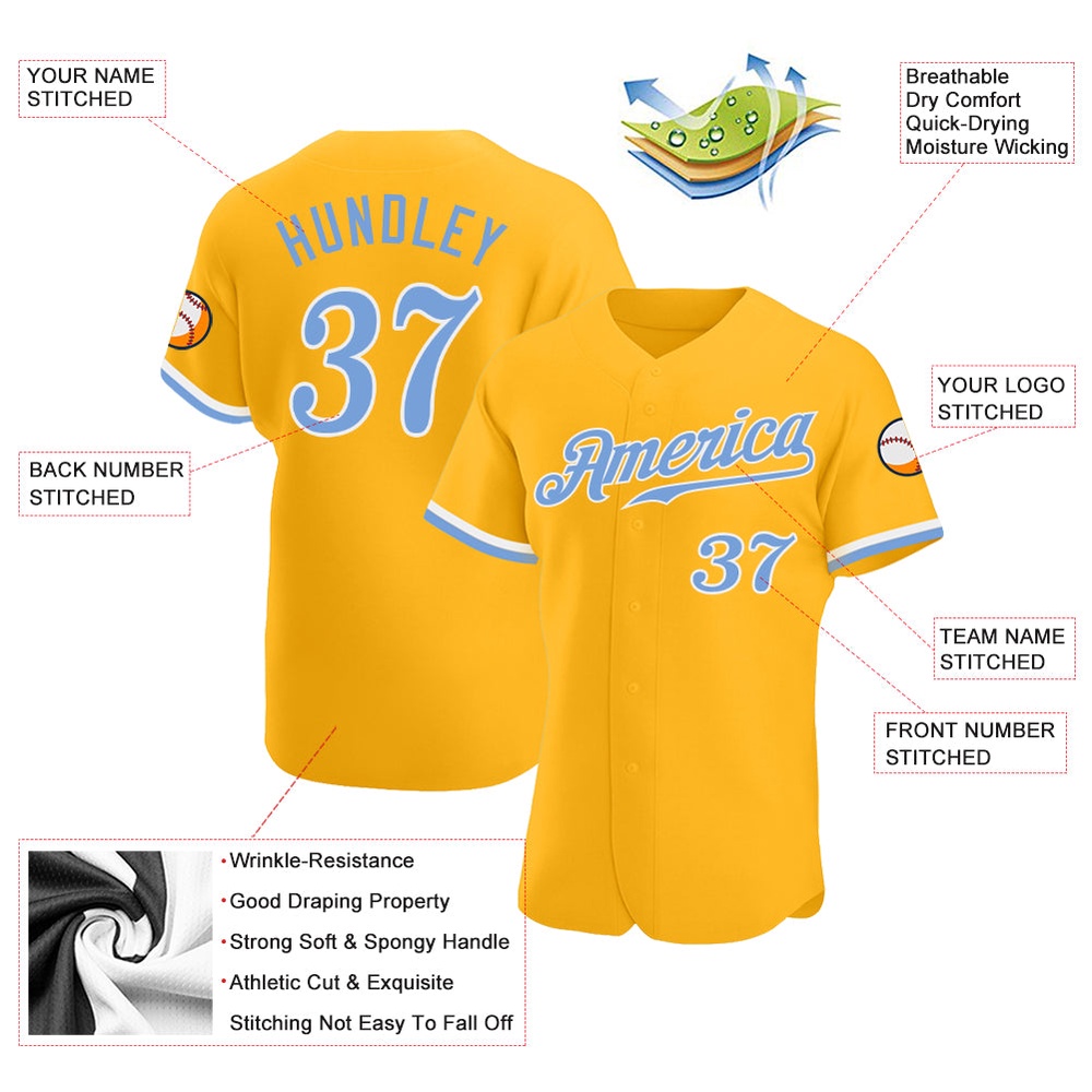 Gold Light Blue-White Authentic Baseball Jersey, Custom Baseball Jersey, Personalized Sport Jersey