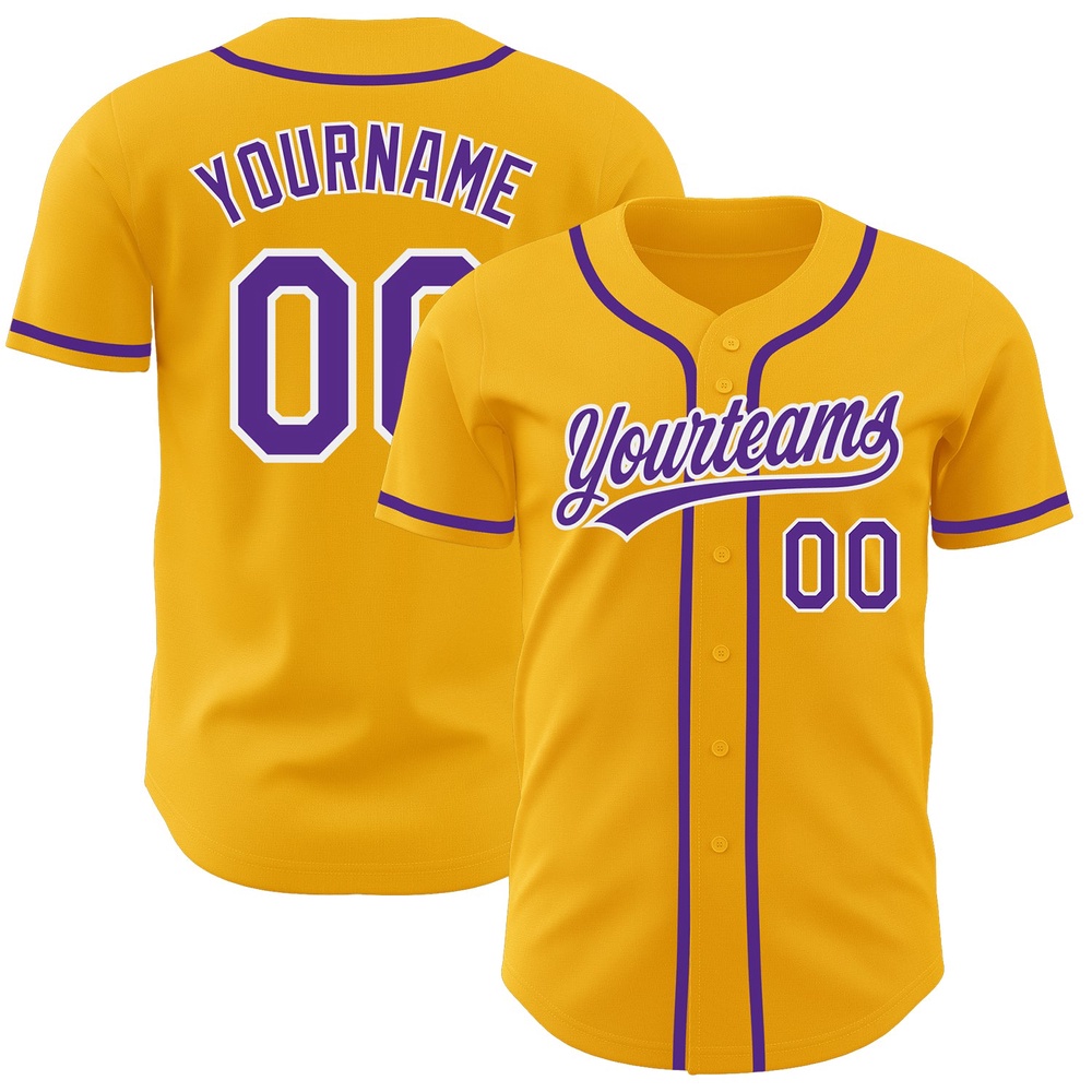 Gold Purple-White Authentic Baseball Jersey, Custom Baseball Jersey, Personalized Sport Jersey