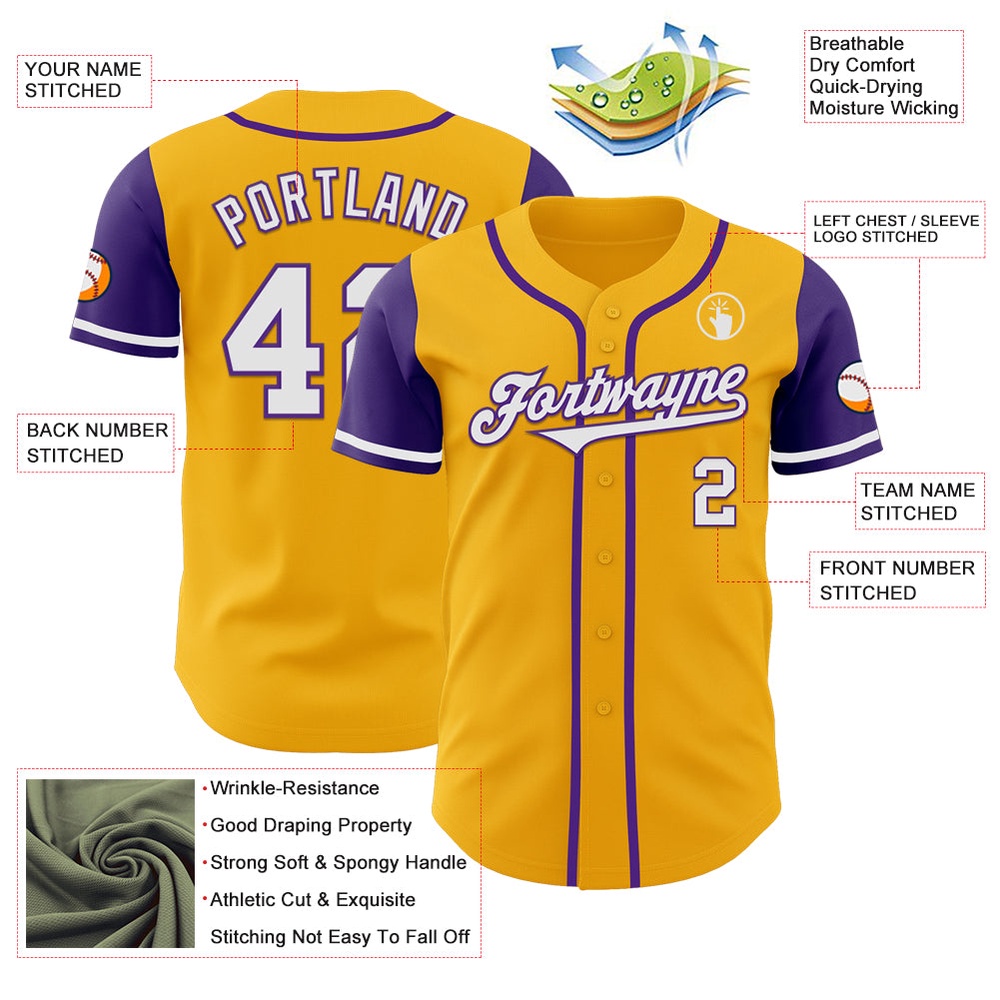 Gold White-Purple Authentic Two Tone Baseball Jersey, Custom Baseball Jersey, Personalized Sport Jersey