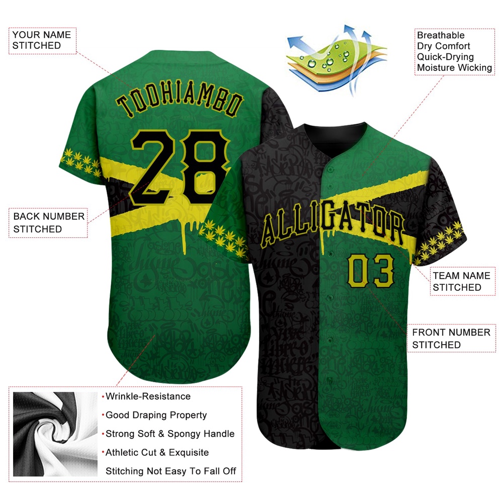 Graffiti Pattern Black-Green 3D Jamaica Authentic Baseball Jersey, Custom Baseball Jersey, Personalized Sport Jersey