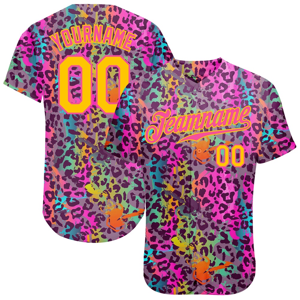 Graffiti Pattern Gold-Pink 3D Colorful Leopard Authentic Baseball Jersey, Custom Baseball Jersey, Personalized Sport Jersey