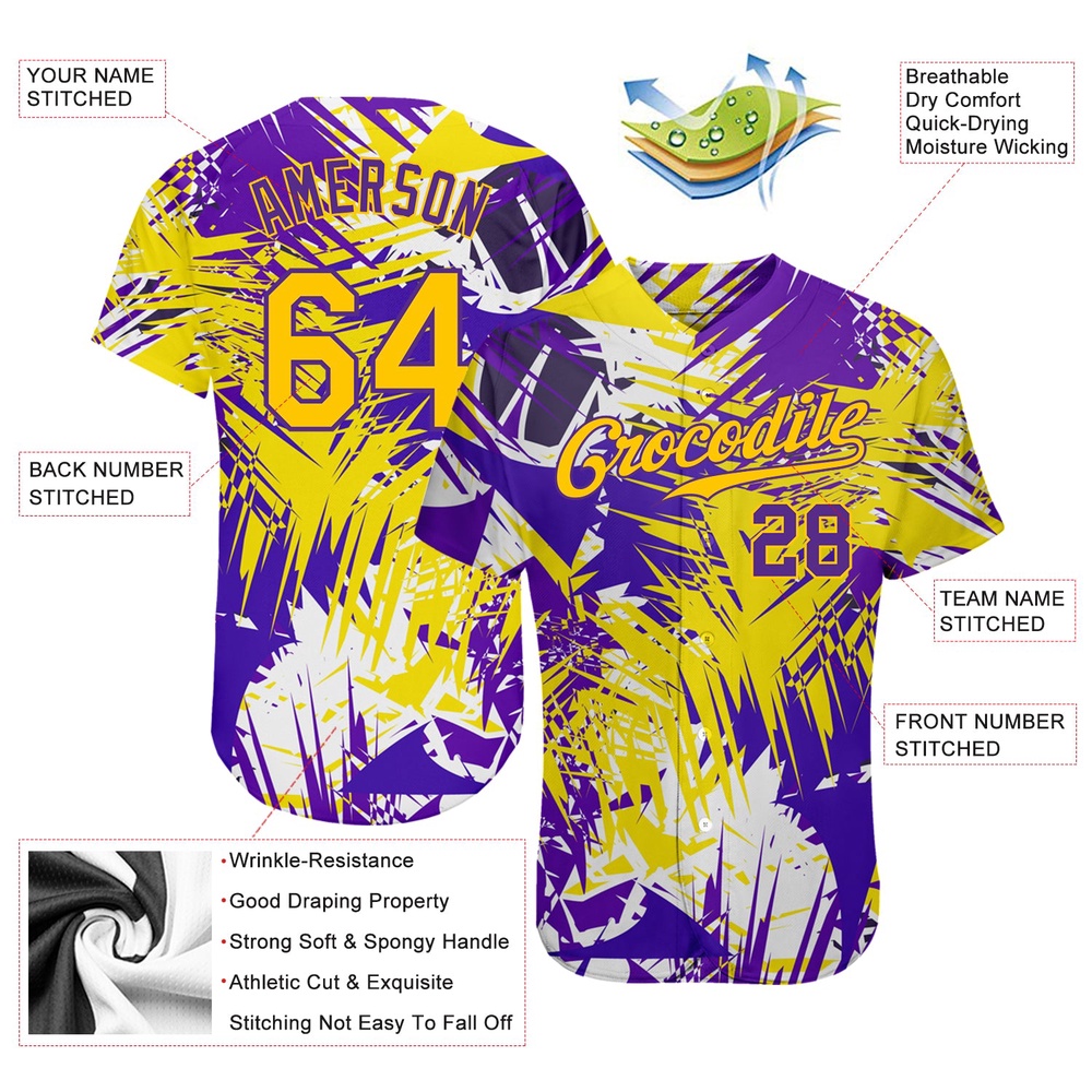 Graffiti Pattern Gold-Purple 3D Authentic Baseball Jersey, Custom Baseball Jersey, Personalized Sport Jersey