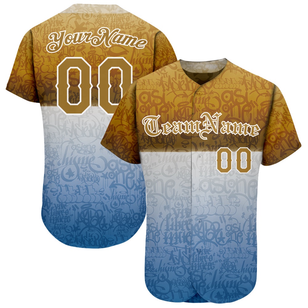 Graffiti Pattern Gold-White 3D Chicano Authentic Baseball Jersey, Custom Baseball Jersey, Personalized Sport Jersey