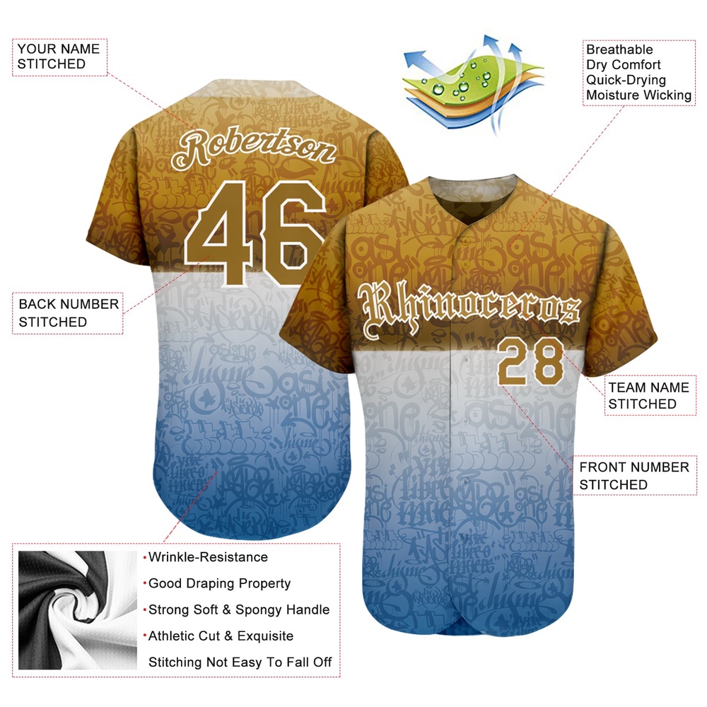 Graffiti Pattern Gold-White 3D Chicano Authentic Baseball Jersey, Custom Baseball Jersey, Personalized Sport Jersey