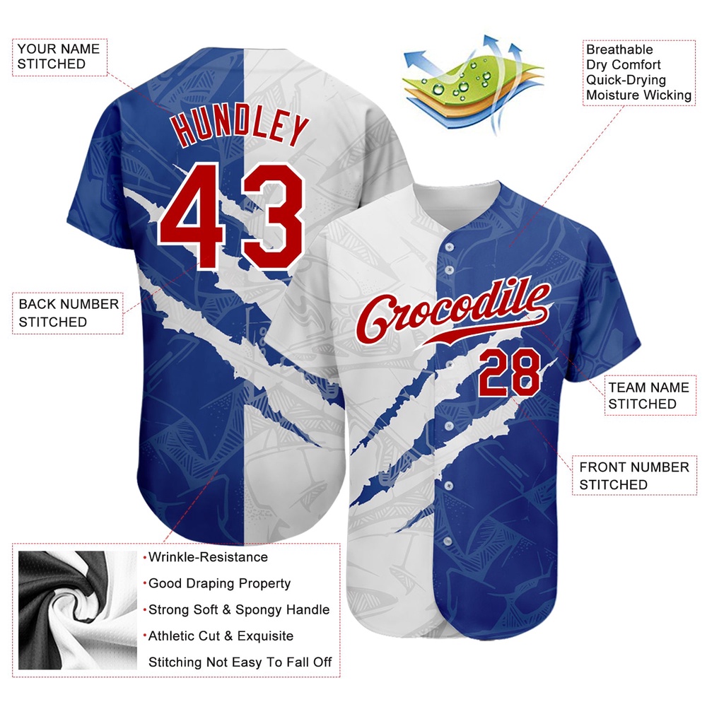 Graffiti Pattern Red-Royal 3D Scratch Authentic Baseball Jersey, Custom Baseball Jersey, Personalized Sport Jersey