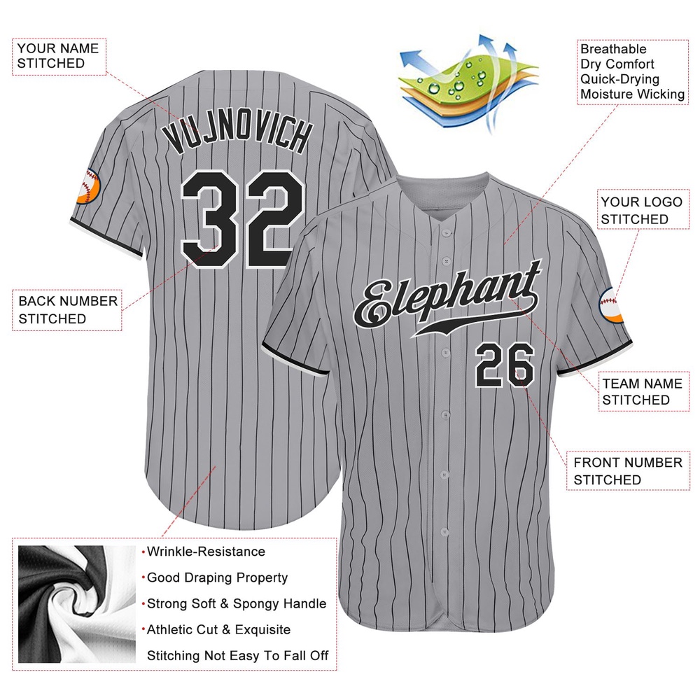Gray Black Pinstripe Black-White Authentic Baseball Jersey, Custom Baseball Jersey, Personalized Sport Jersey