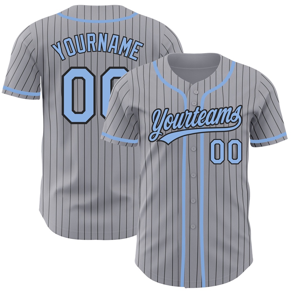 Gray Black Pinstripe Light Blue Authentic Baseball Jersey, Custom Baseball Jersey, Personalized Sport Jersey