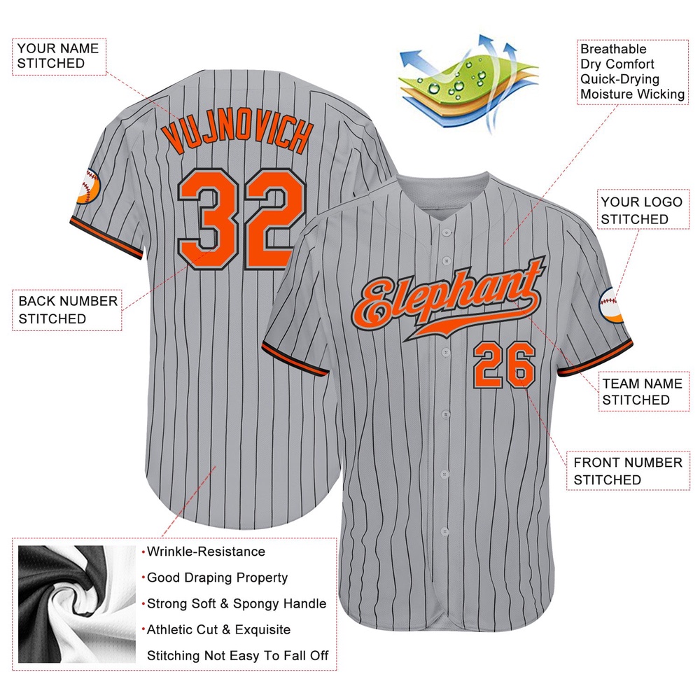 Gray Black Pinstripe Orange-Black Authentic Baseball Jersey, Custom Baseball Jersey, Personalized Sport Jersey