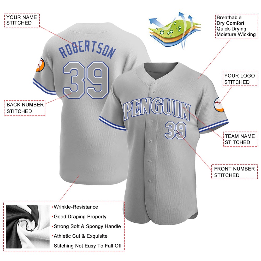 Gray Gray Royal Authentic Baseball Jersey, Custom Baseball Jersey, Personalized Sport Jersey