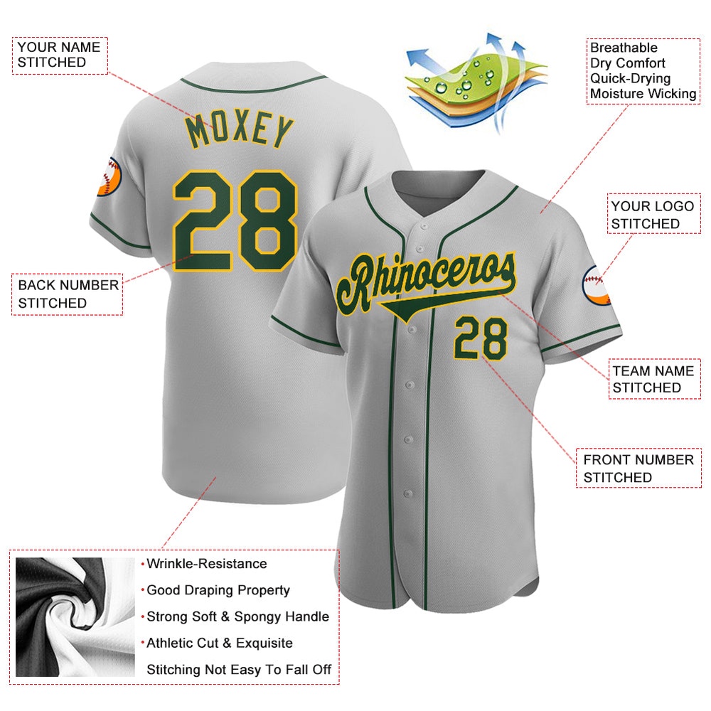 Gray Green-Gold Authentic Baseball Jersey, Custom Baseball Jersey, Personalized Sport Jersey