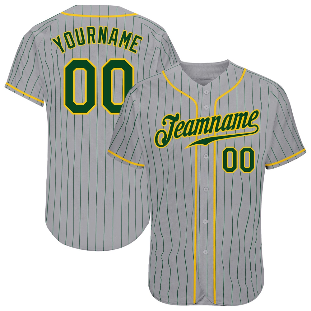 Gray Green Pinstripe Green-Gold Authentic Baseball Jersey, Custom Baseball Jersey, Personalized Sport Jersey