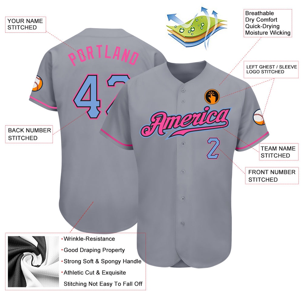 Gray Light Blue-Pink Authentic Baseball Jersey, Custom Baseball Jersey, Personalized Sport Jersey Gray Light Blue-Pink Authentic Baseball Jersey, Custom Baseball Jersey, Personalized Sport Jersey