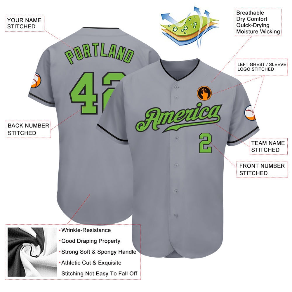 Gray Neon Green-Black Authentic Baseball Jersey, Custom Baseball Jersey, Personalized Sport Jersey