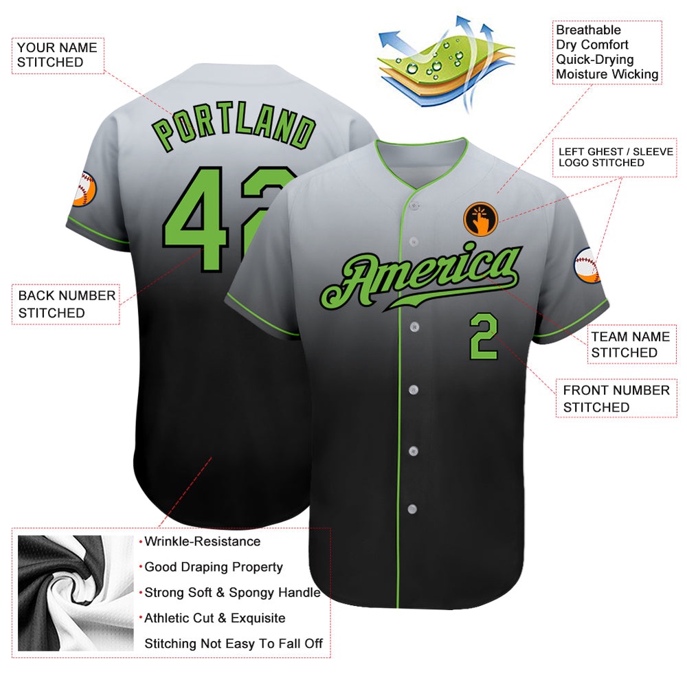 Gray Neon Green-Black Authentic Fade Fashion Baseball Jersey, Custom Baseball Jersey, Personalized Sport Jersey