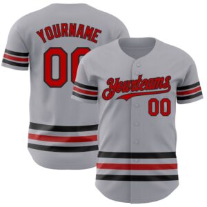Gray Red-Black Line Authentic Baseball Jersey, Custom&hellip;