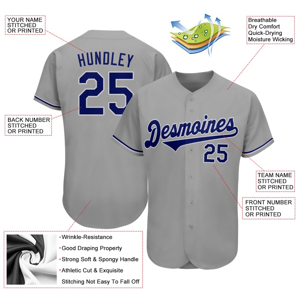Gray Royal-White Authentic Baseball Jersey, Custom Baseball Jersey, Personalized Sport Jersey