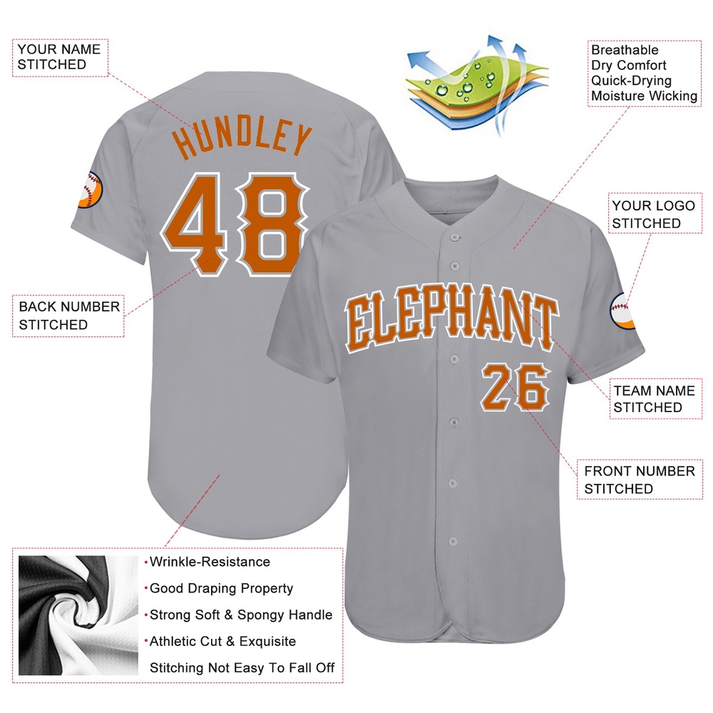 Gray Texas Orange-White Authentic Baseball Jersey, Custom Baseball Jersey, Personalized Sport Jersey