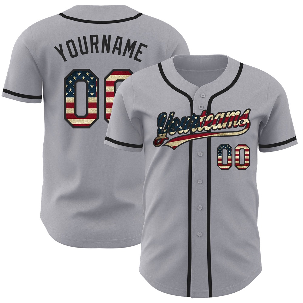 Gray Vintage USA Flag-Black Authentic Baseball Jersey, Custom Baseball Jersey, Personalized Sport Jersey