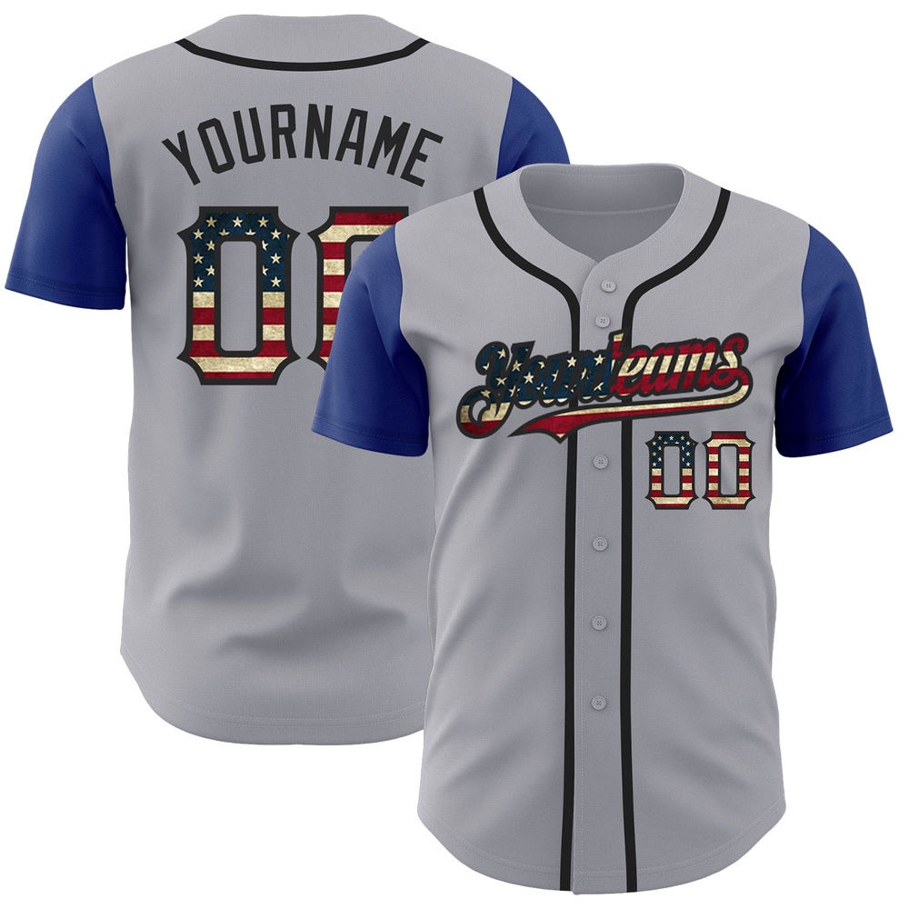 Gray Vintage USA Flag Royal-Black Authentic Two Tone Baseball Jersey, Custom Baseball Jersey, Personalized Sport Jersey Gray Vintage USA Flag Royal-Black Authentic Two Tone Baseball Jersey, Custom Baseball Jersey, Personalized Sport Jersey