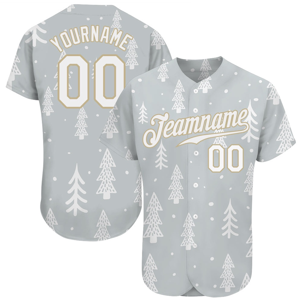 Gray White-Old Gold Christmas 3D Authentic Baseball Jersey, Custom Baseball Jersey, Personalized Sport Jersey