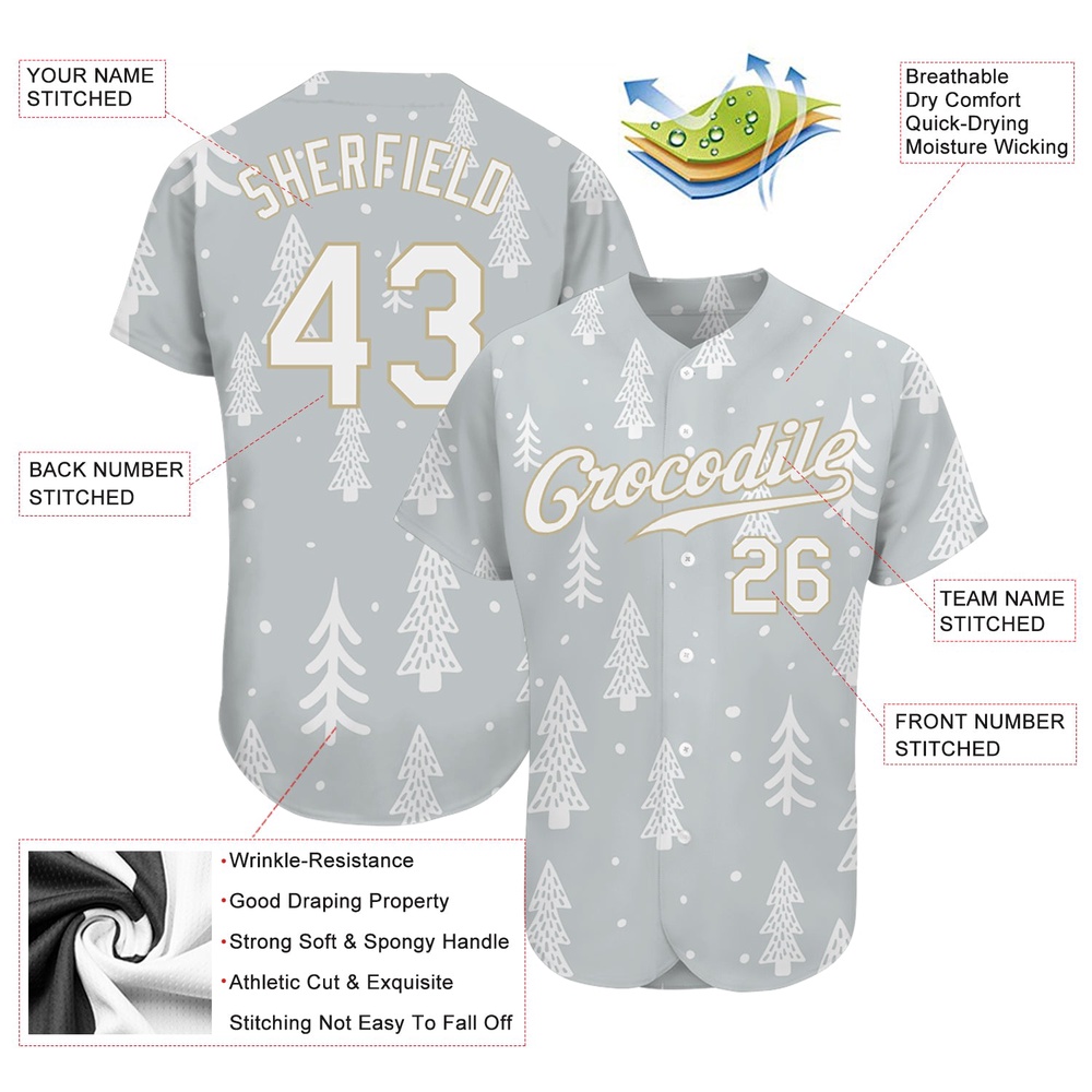 Gray White-Old Gold Christmas 3D Authentic Baseball Jersey, Custom Baseball Jersey, Personalized Sport Jersey