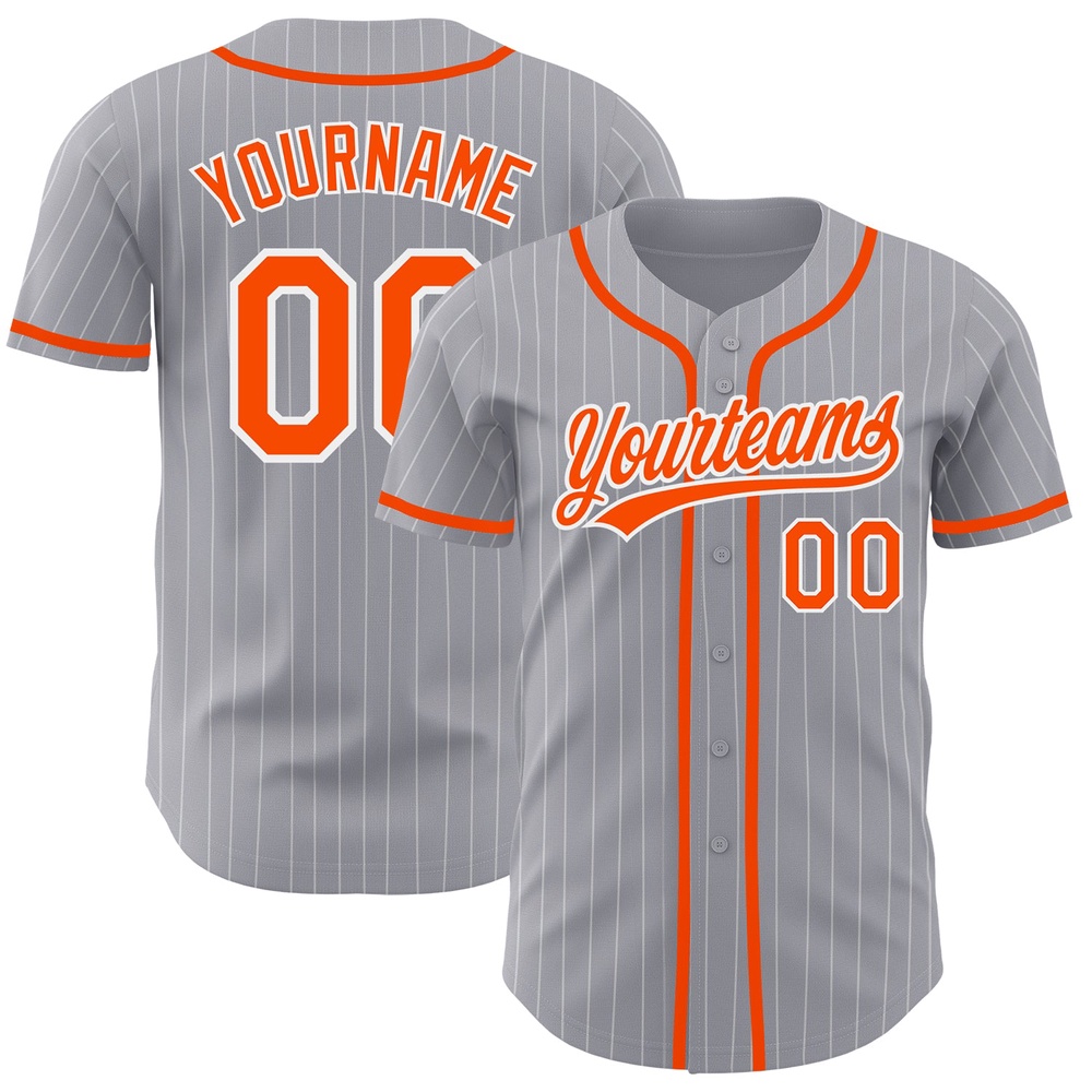 Gray White Pinstripe Orange Authentic Baseball Jersey, Custom Baseball Jersey, Personalized Sport Jersey