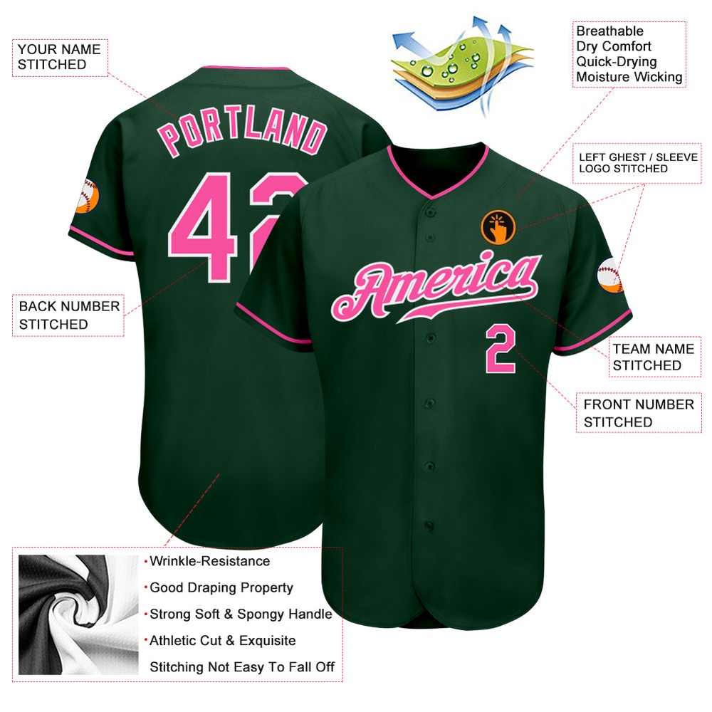 Green Pink-White Authentic Baseball Jersey, Custom Baseball Jersey, Personalized Sport Jersey
