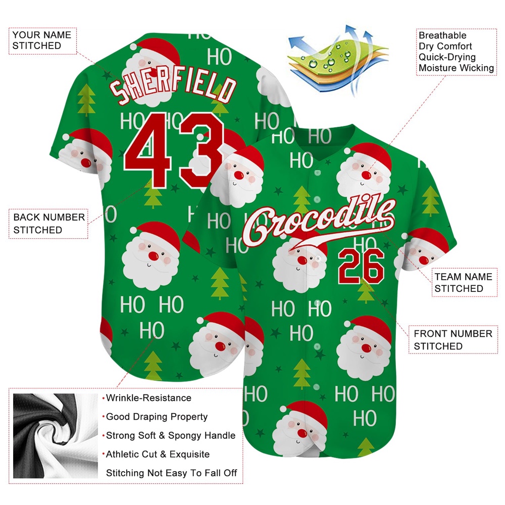 Green Red-White Christmas 3D Authentic Baseball Jersey, Custom Baseball Jersey, Personalized Sport Jersey
