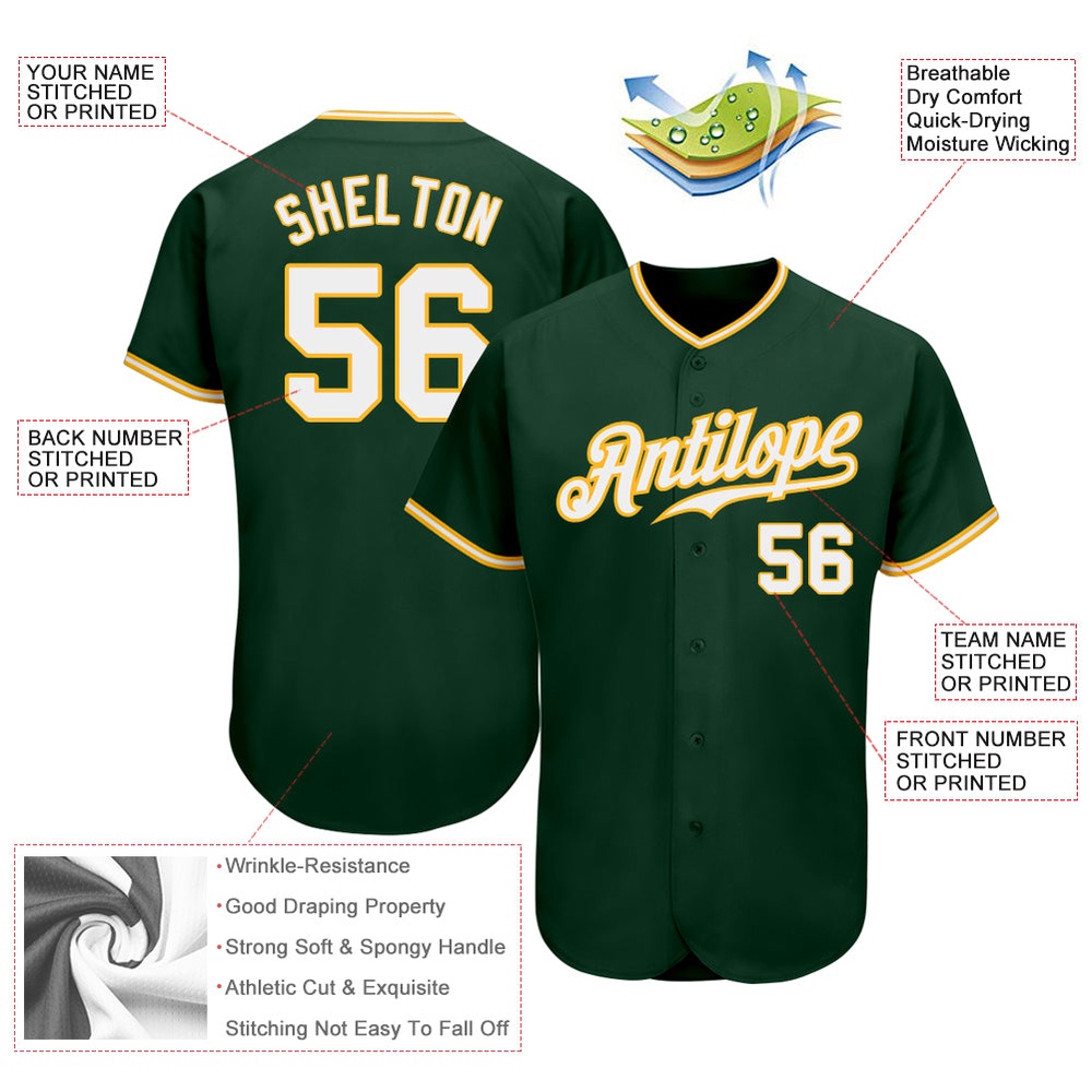 Green White-Gold Authentic Baseball Jersey, Custom Baseball Jersey, Personalized Sport Jersey