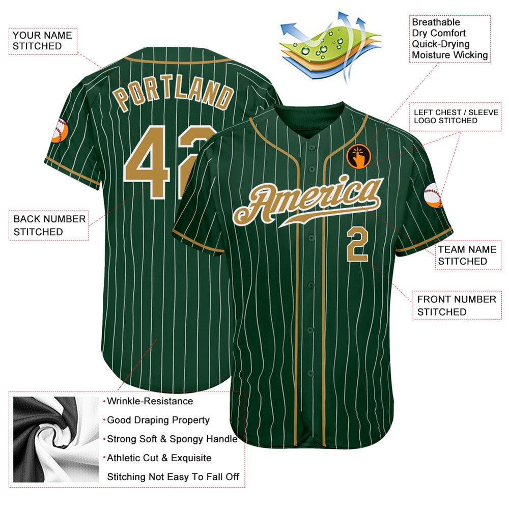 Green White Pinstripe Old Gold-White Authentic Baseball Jersey, Custom Baseball Jersey, Personalized Sport Jersey
