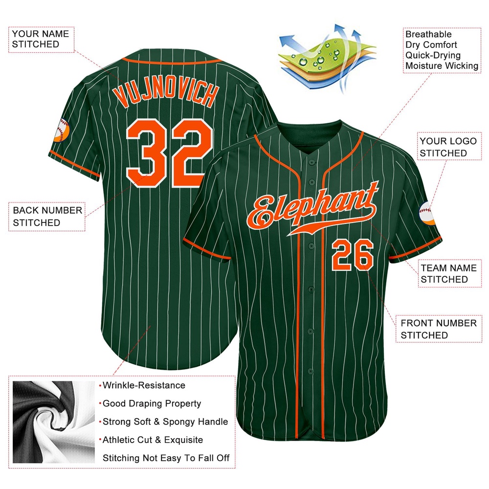 Green White Pinstripe Orange-White Authentic Baseball Jersey, Custom Baseball Jersey, Personalized Sport Jersey