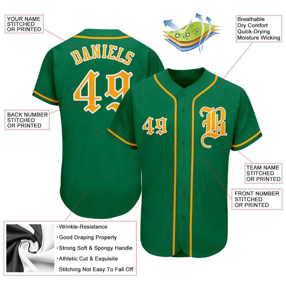 Kelly Green Gold-White Authentic Baseball Jersey, Custom Baseball Jersey, Personalized Sport Jersey