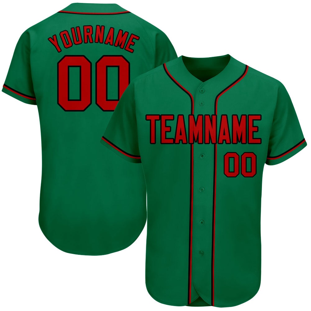 Kelly Green Red-Black Authentic Baseball Jersey, Custom Baseball Jersey, Personalized Sport Jersey