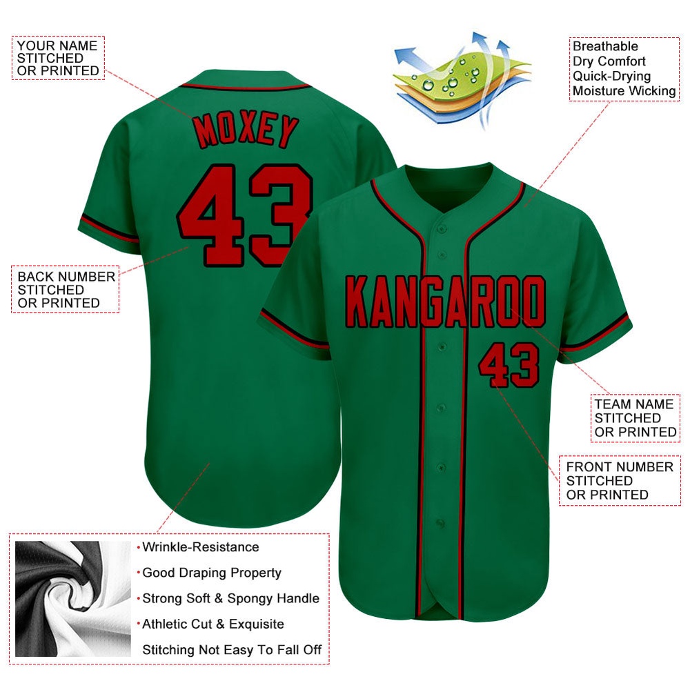 Kelly Green Red-Black Authentic Baseball Jersey, Custom Baseball Jersey, Personalized Sport Jersey