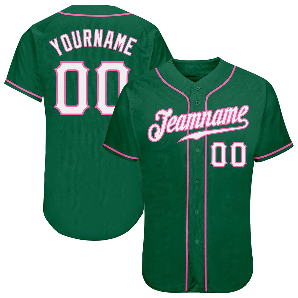 Kelly Green White-Pink Authentic Baseball Jersey, Custom Baseball Jersey, Personalized Sport Jersey